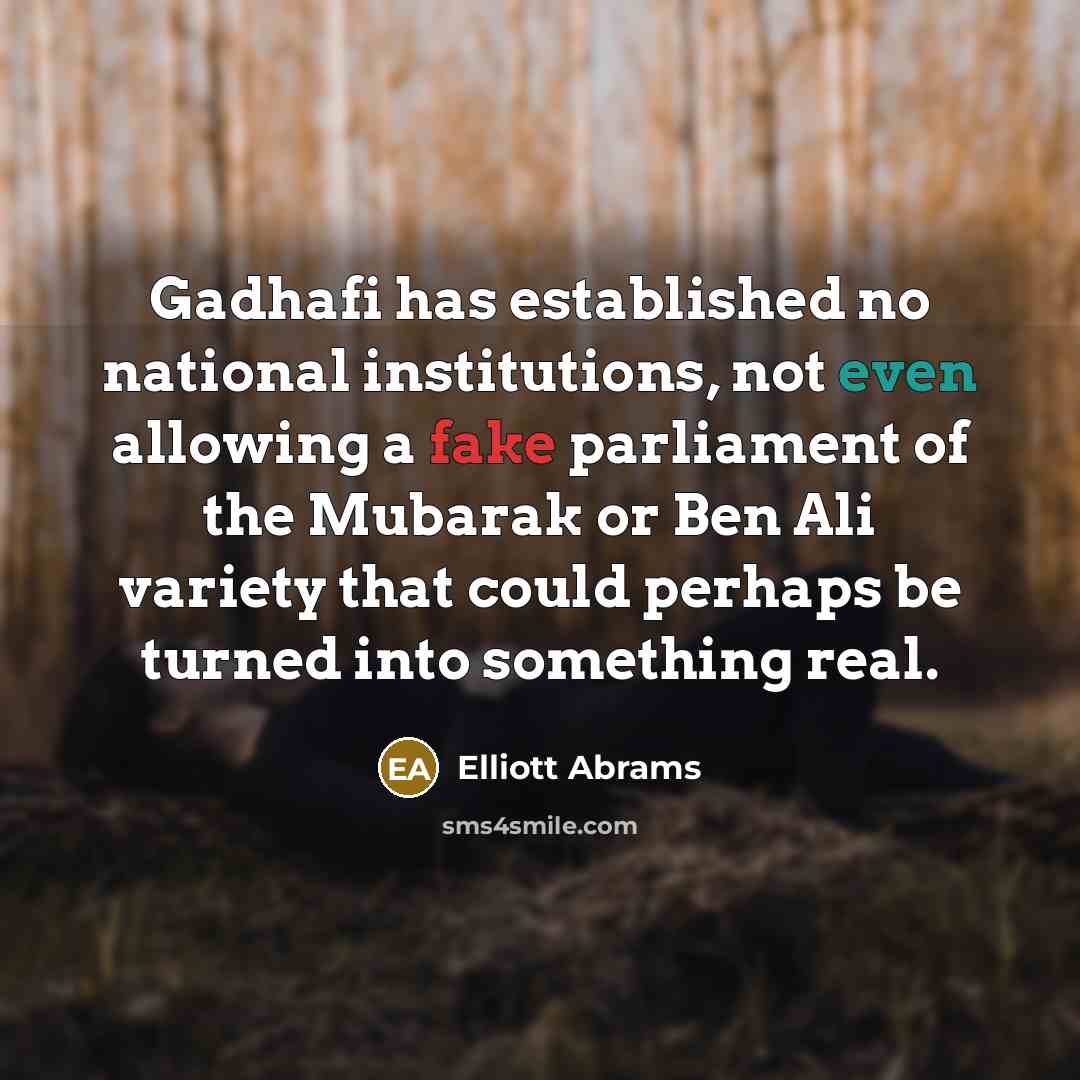 “Gadhafi has established no national institutions, not even allowing a fake parliament of the Mubarak or Ben Ali variety that could perhaps be turned into something real.” quote by Elliott Abrams
