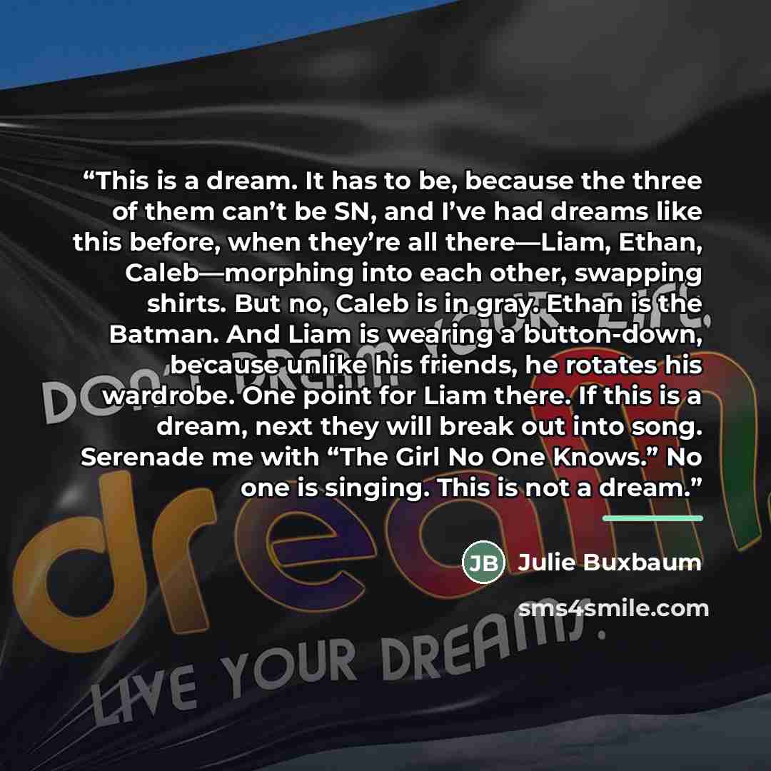 “This is a dream. It has to be, because the three of them can’t be SN, and I’ve had dreams like this before, when they’re all there—Liam, Ethan, Caleb—morphing into each other, swapping shirts. But no, Caleb is in gray. Ethan is the Batman. And Liam is wearing a button-down, because unlike his…” quote by Julie Buxbaum