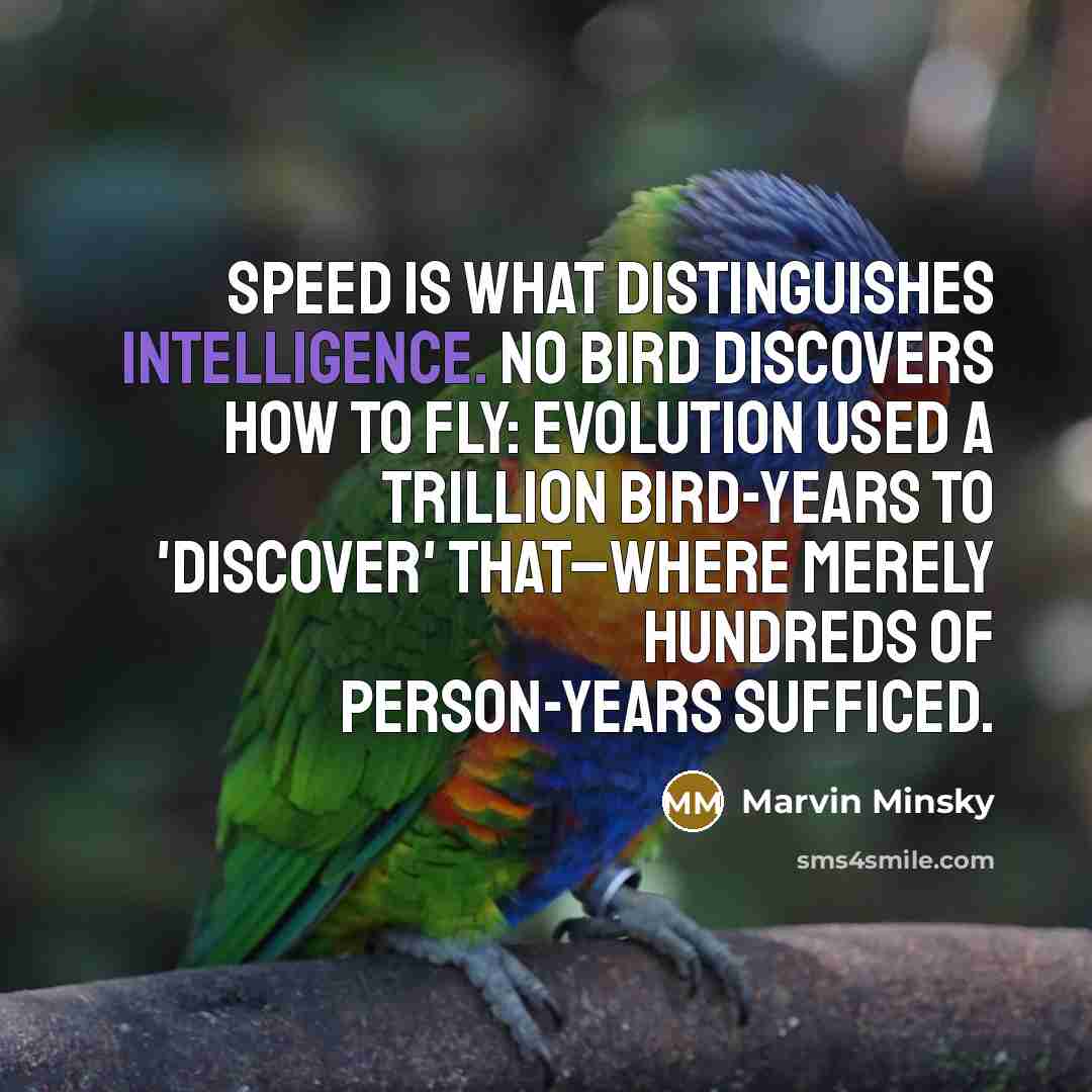 “Speed is what distinguishes intelligence. No bird discovers how to fly: evolution used a trillion bird-years to 'discover' that–where merely hundreds of person-years sufficed.” quote by Marvin Minsky