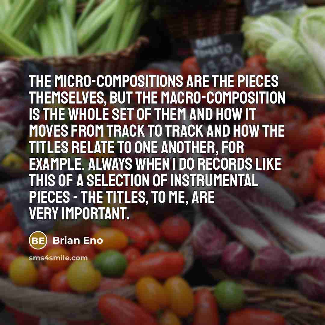 “The micro-compositions are the pieces themselves, but the macro-composition is the whole set of them and how it moves from track to track and how the titles relate to one another, for example. Always when I do records like this of a selection of instrumental pieces - the titles, to me, are very…” quote by Brian Eno