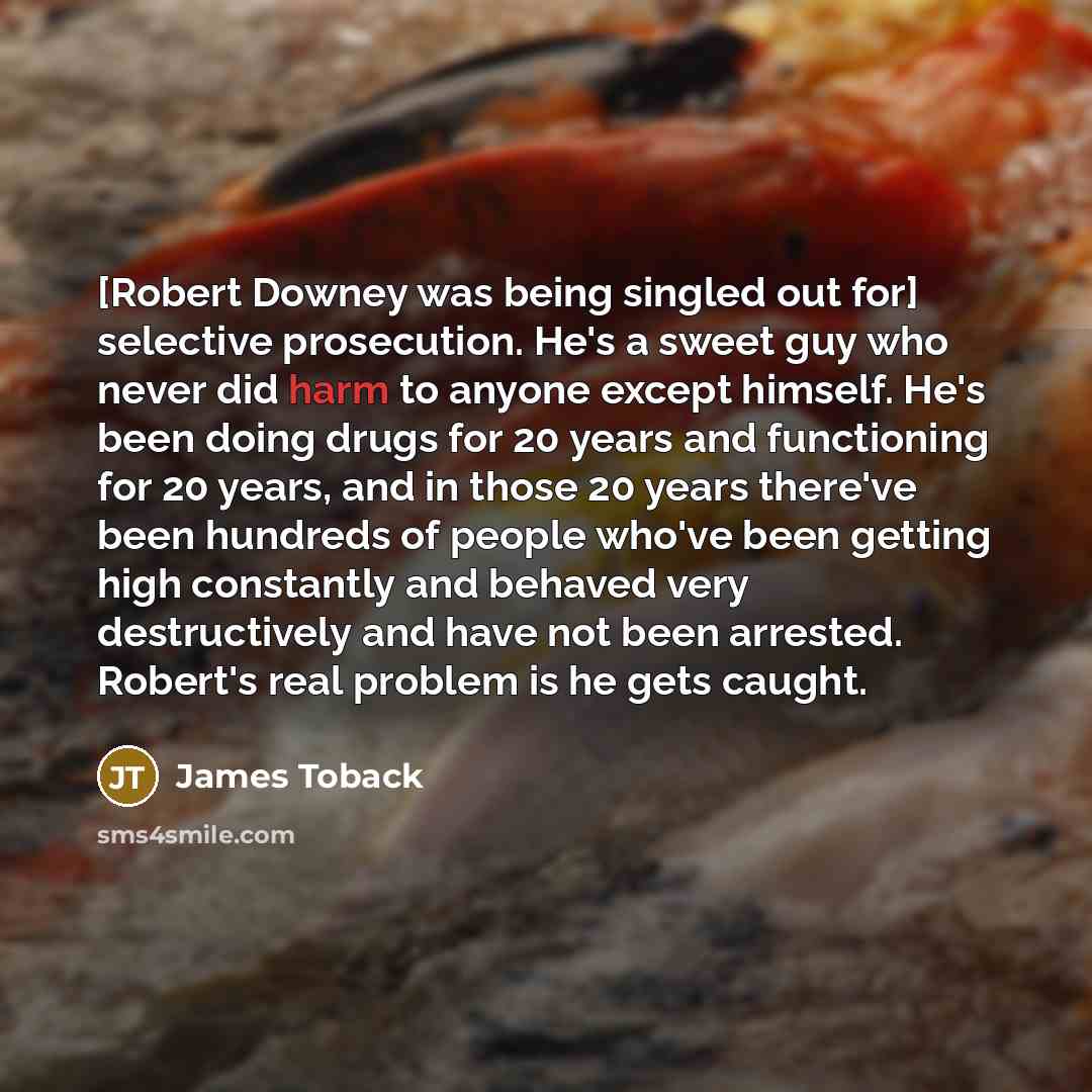 “[Robert Downey was being singled out for] selective prosecution. He's a sweet guy who never did harm to anyone except himself. He's been doing drugs for 20 years and functioning for 20 years, and in those 20 years there've been hundreds of people who've been getting high constantly and behaved…” quote by James Toback