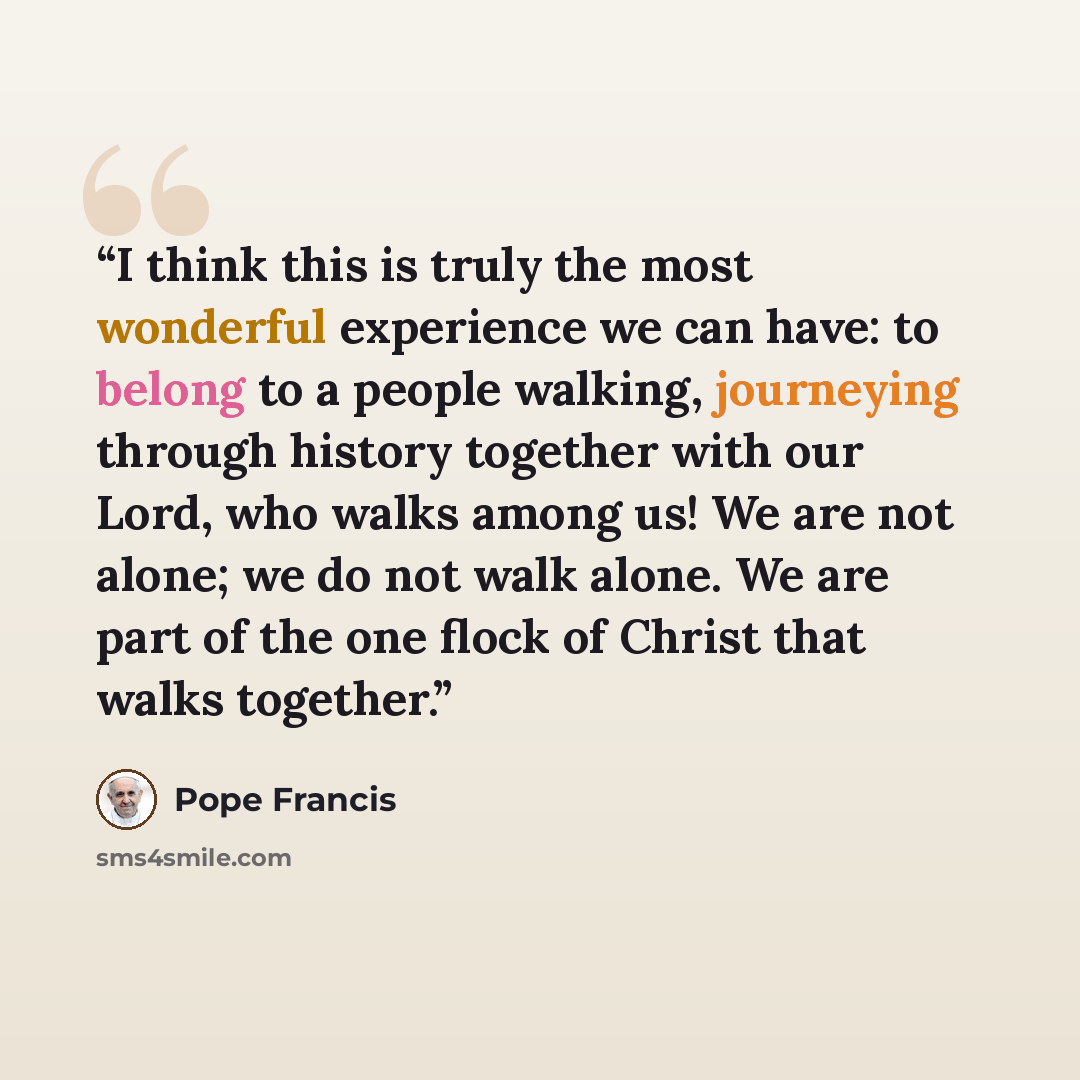 “I think this is truly the most wonderful experience we can have: to belong to a people walking, journeying through history together with our Lord, who walks among us! We are not alone; we do not walk alone. We are part of the one flock of Christ that walks together.” quote by Pope Francis