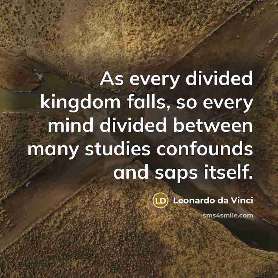 “As every divided kingdom falls, so every mind divided between many studies confounds and saps itself.” quote by Leonardo da Vinci