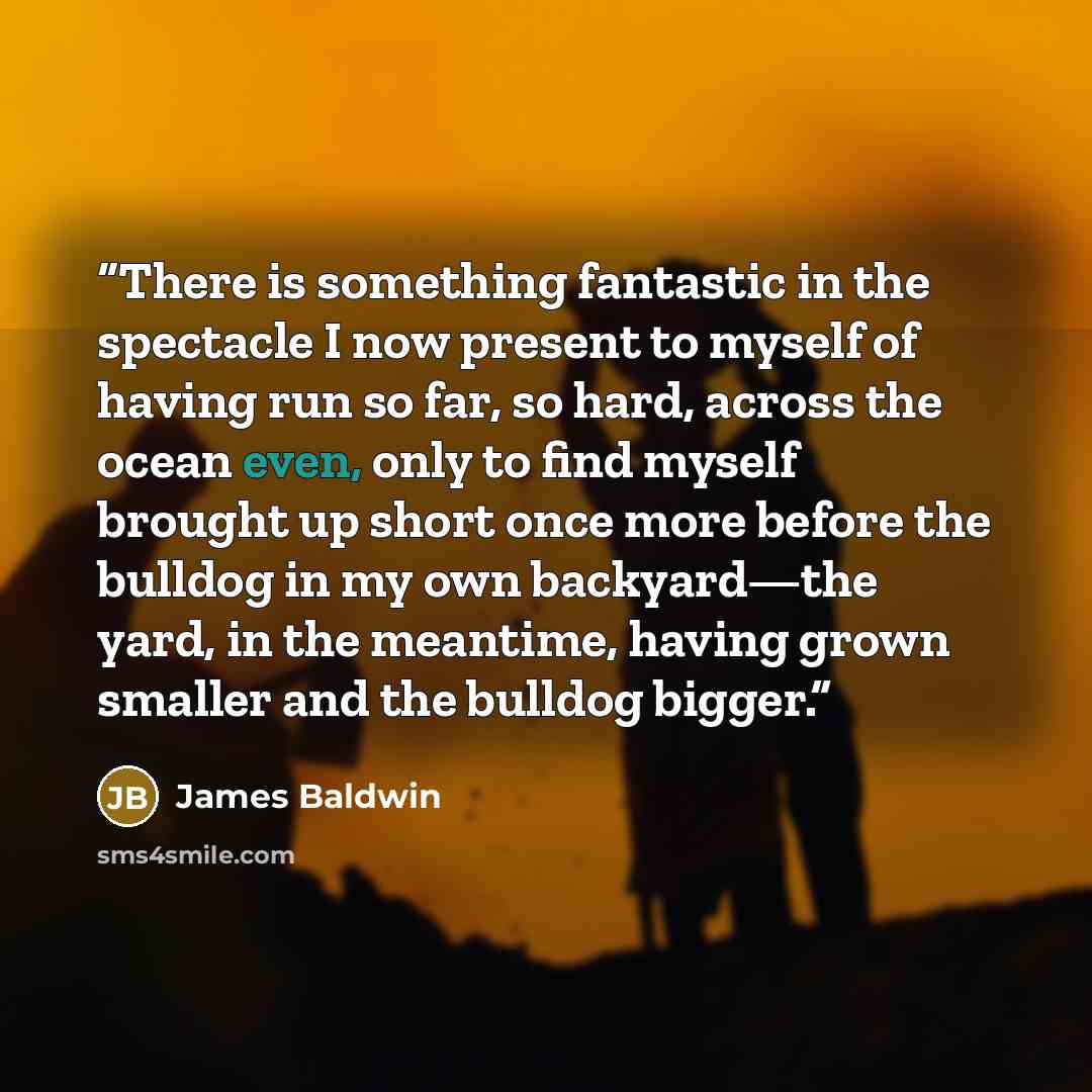 “There is something fantastic in the spectacle I now present to myself of having run so far, so hard, across the ocean even, only to find myself brought up short once more before the bulldog in my own backyard—the yard, in the meantime, having grown smaller and the bulldog bigger.” quote by James Baldwin