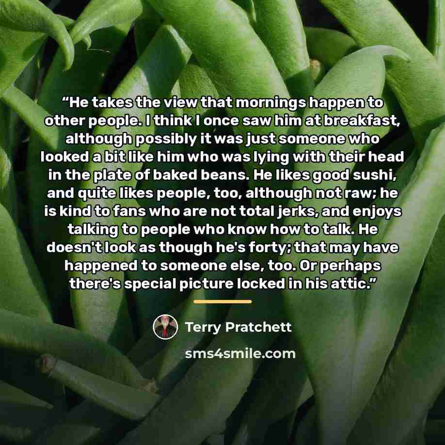 “He takes the view that mornings happen to other people. I think I once saw him at breakfast, although possibly it was just someone who looked a bit like him who was lying with their head in the plate of baked beans. He likes good sushi, and quite likes people, too, although not raw; he is kind to…” quote by Terry Pratchett