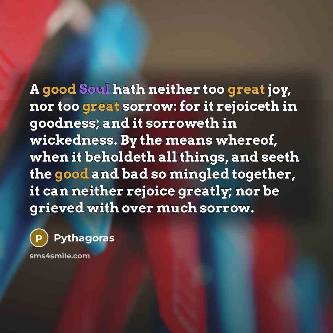 “A good Soul hath neither too great joy, nor too great sorrow: for it rejoiceth in goodness; and it sorroweth in wickedness. By the means whereof, when it beholdeth all things, and seeth the good and bad so mingled together, it can neither rejoice greatly; nor be grieved with over much sorrow.” quote by Pythagoras