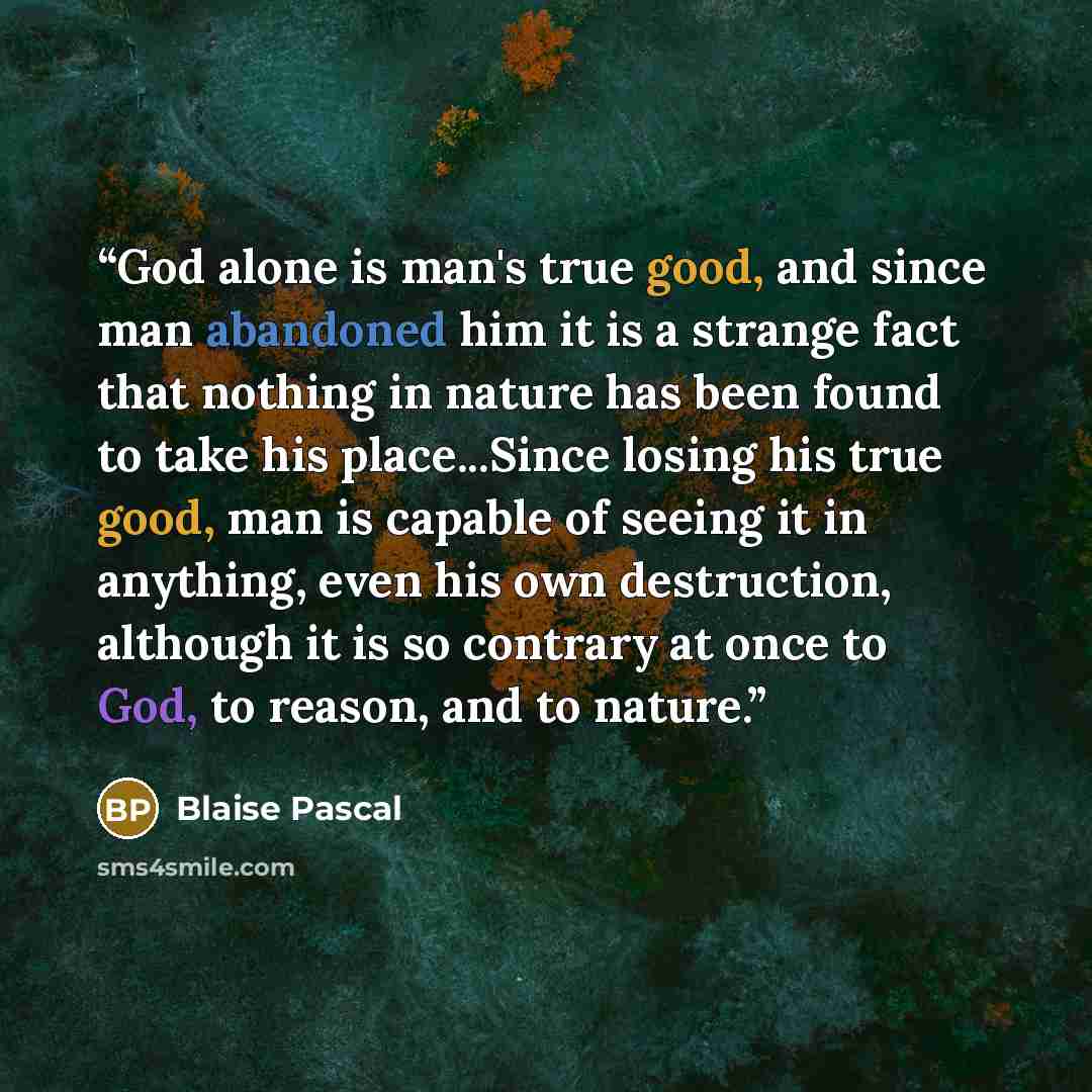 “God alone is man's true good, and since man abandoned him it is a strange fact that nothing in nature has been found to take his place...Since losing his true good, man is capable of seeing it in anything, even his own destruction, although it is so contrary at once to God, to reason, and to nature.” quote by Blaise Pascal