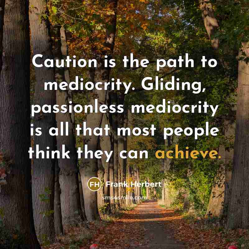 “Caution is the path to mediocrity. Gliding, passionless mediocrity is all that most people think they can achieve.” quote by Frank Herbert
