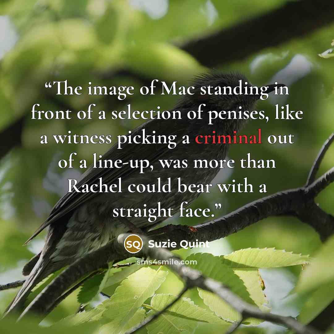 “The image of Mac standing in front of a selection of penises, like a witness picking a criminal out of a line-up, was more than Rachel could bear with a straight face.” quote by Suzie Quint