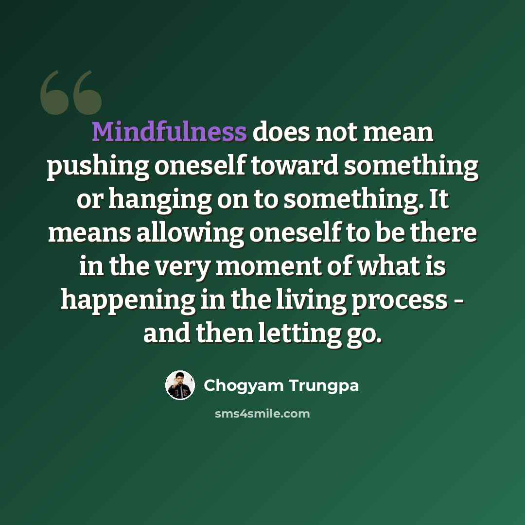 “Mindfulness does not mean pushing oneself toward something or hanging on to something. It means allowing oneself to be there in the very moment of what is happening in the living process - and then letting go.” quote by Chogyam Trungpa