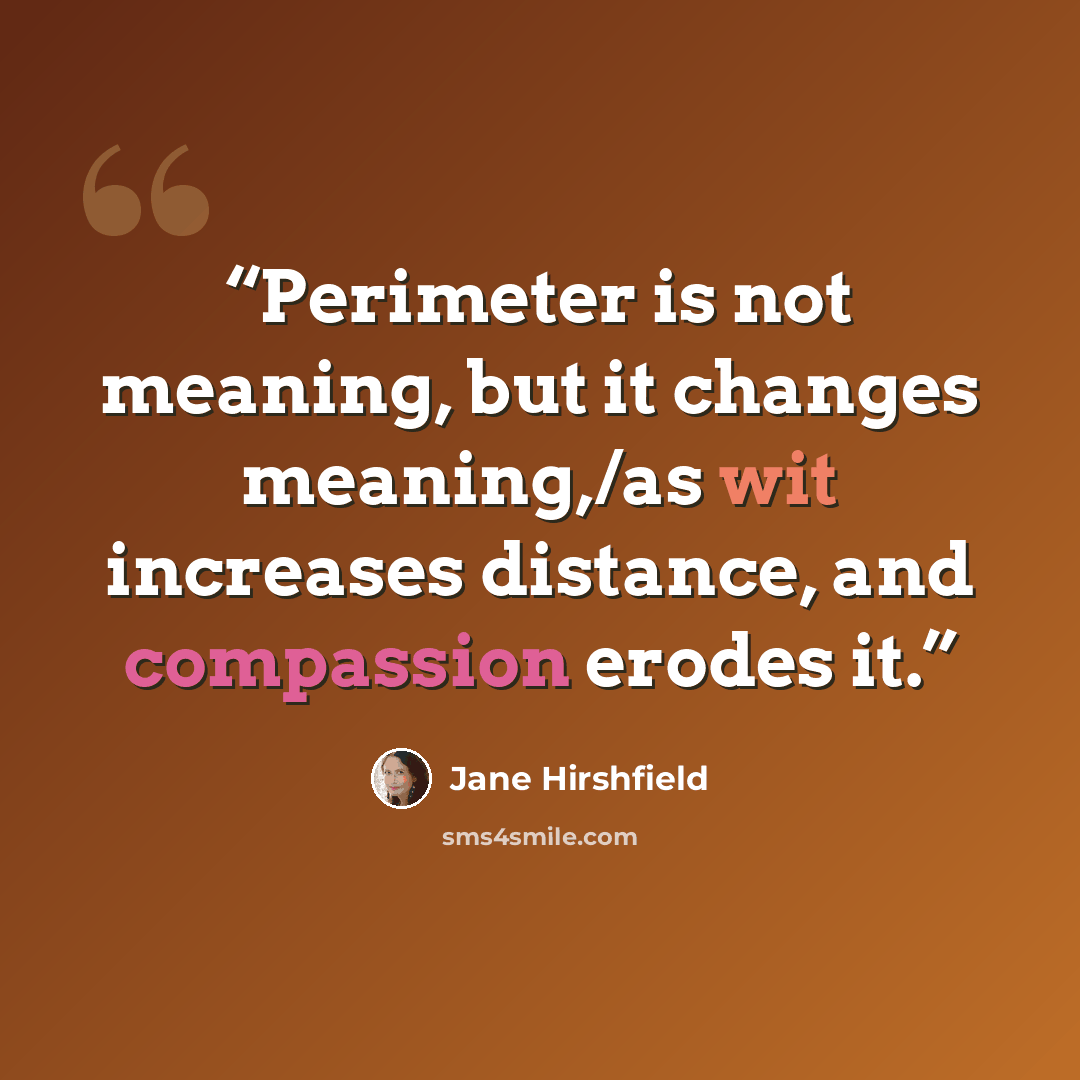 “Perimeter is not meaning, but it changes meaning,/as wit increases distance, and compassion erodes it.” quote by Jane Hirshfield