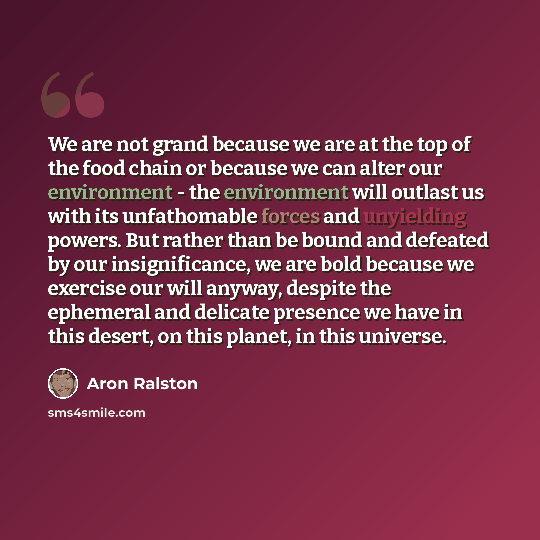 “We are not grand because we are at the top of the food chain or because we can alter our environment - the environment will outlast us with its unfathomable forces and unyielding powers. But rather than be bound and defeated by our insignificance, we are bold because we exercise our will anyway…” quote by Aron Ralston