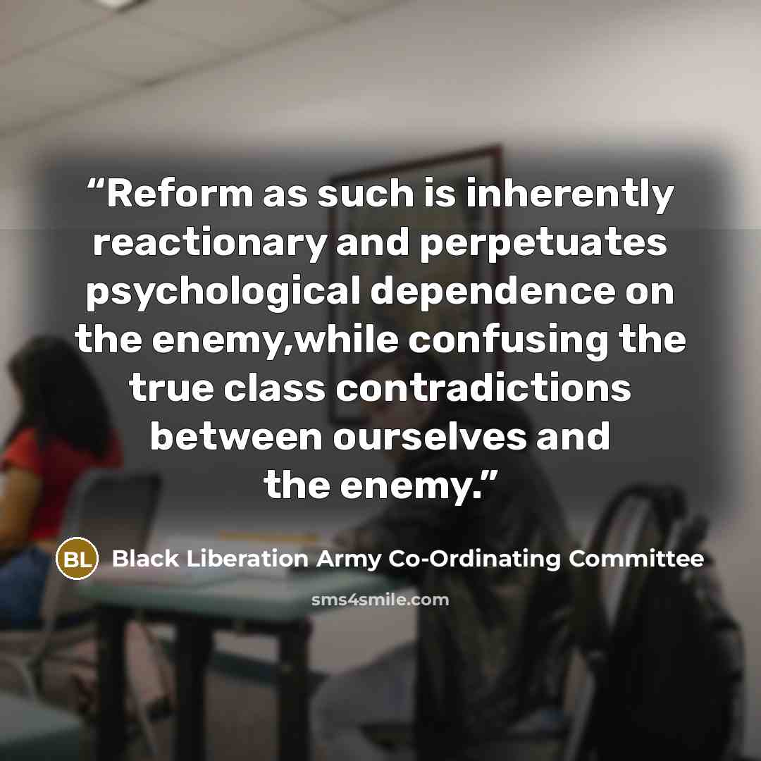 “Reform as such is inherently reactionary and perpetuates psychological dependence on the enemy,while confusing the true class contradictions between ourselves and the enemy.” quote by Black Liberation Army Co-Ordinating Committee