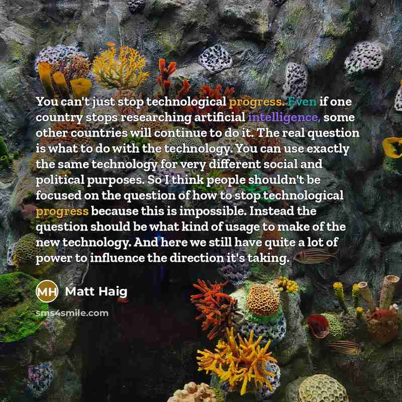 “You can't just stop technological progress. Even if one country stops researching artificial intelligence, some other countries will continue to do it. The real question is what to do with the technology. You can use exactly the same technology for very different social and political purposes. So…” quote by Matt Haig