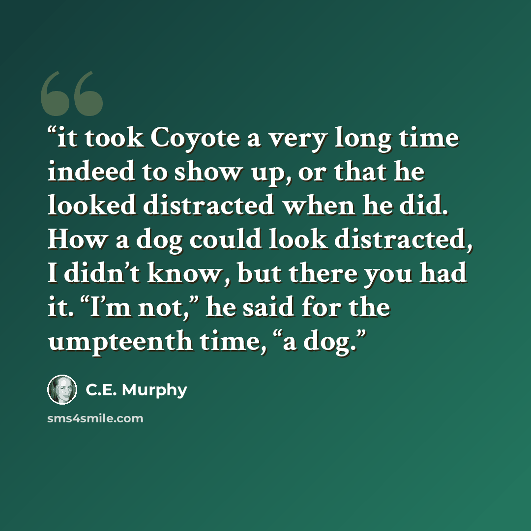 “it took Coyote a very long time indeed to show up, or that he looked distracted when he did. How a dog could look distracted, I didn’t know, but there you had it. “I’m not,” he said for the umpteenth time, “a dog.” quote by C.E. Murphy
