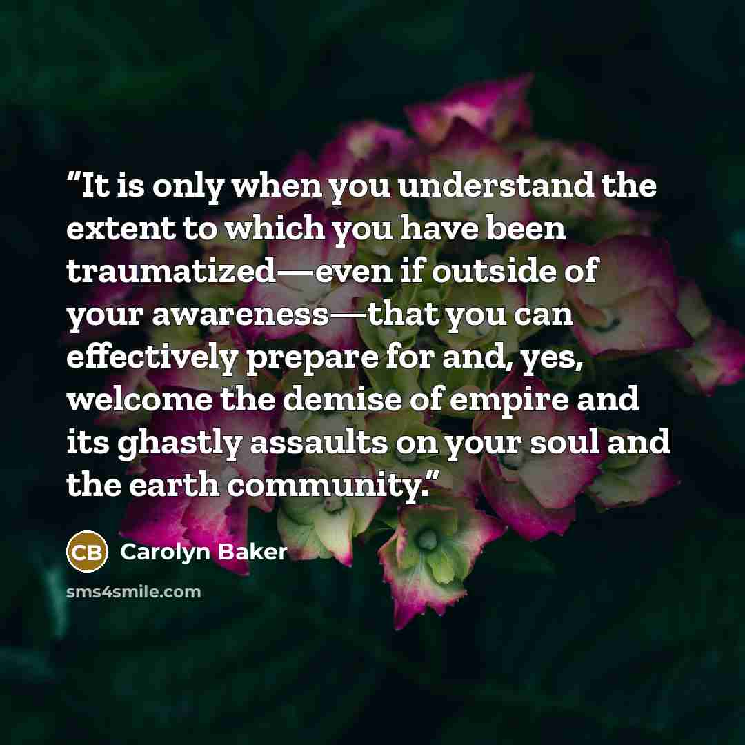 “It is only when you understand the extent to which you have been traumatized—even if outside of your awareness—that you can effectively prepare for and, yes, welcome the demise of empire and its ghastly assaults on your soul and the earth community.” quote by Carolyn Baker