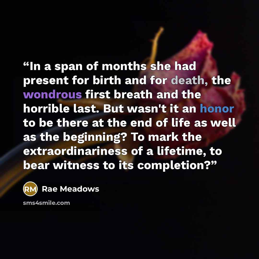 “In a span of months she had present for birth and for death, the wondrous first breath and the horrible last. But wasn't it an honor to be there at the end of life as well as the beginning? To mark the extraordinariness of a lifetime, to bear witness to its completion?” quote by Rae Meadows