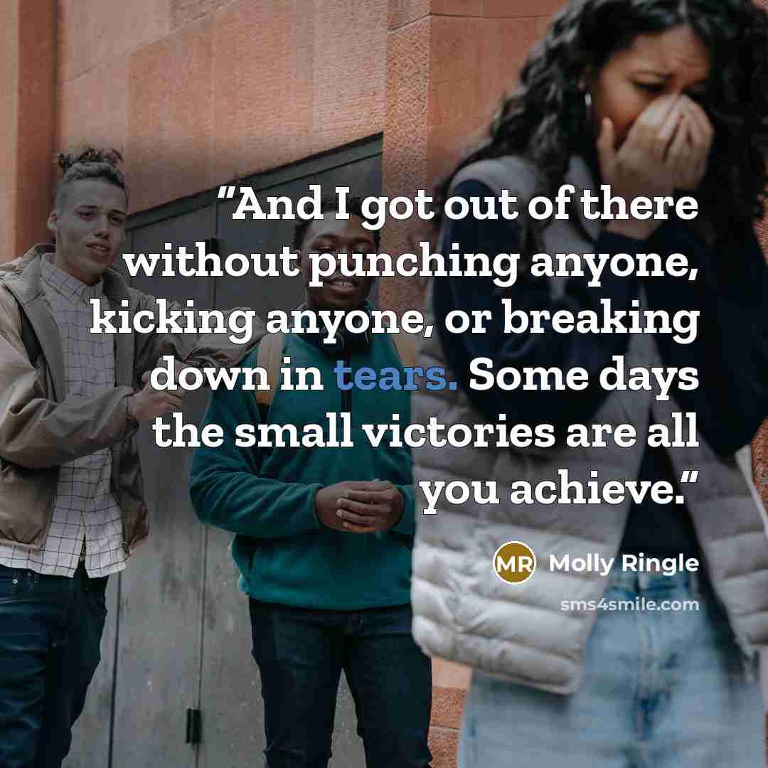 “And I got out of there without punching anyone, kicking anyone, or breaking down in tears. Some days the small victories are all you achieve.” quote by Molly Ringle