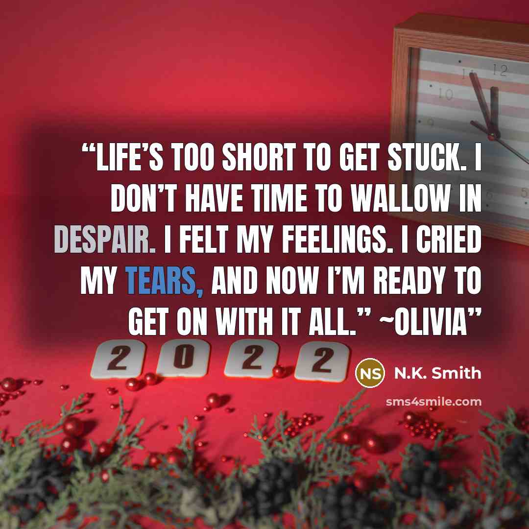 “Life’s too short to get stuck. I don’t have time to wallow in despair. I felt my feelings. I cried my tears, and now I’m ready to get on with it all.” ~Olivia” quote by N.K. Smith