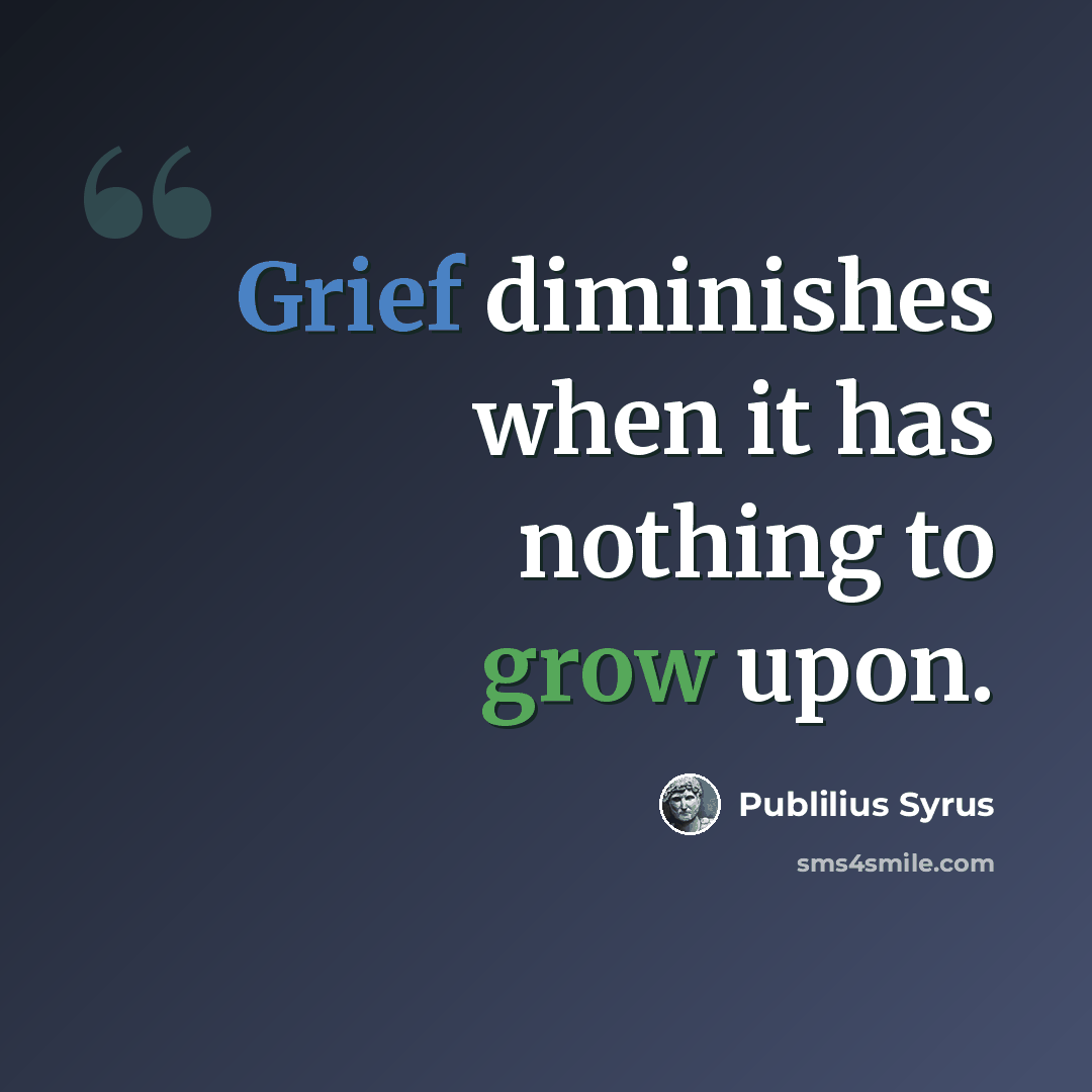 “Grief diminishes when it has nothing to grow upon.” quote by Publilius Syrus
