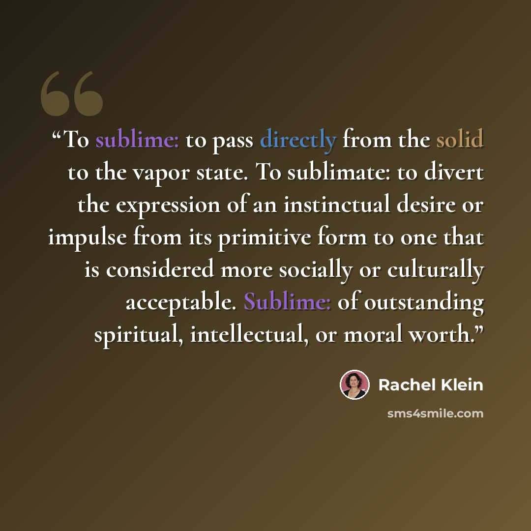 “To sublime: to pass directly from the solid to the vapor state. To sublimate: to divert the expression of an instinctual desire or impulse from its primitive form to one that is considered more socially or culturally acceptable. Sublime: of outstanding spiritual, intellectual, or moral worth.” quote by Rachel Klein