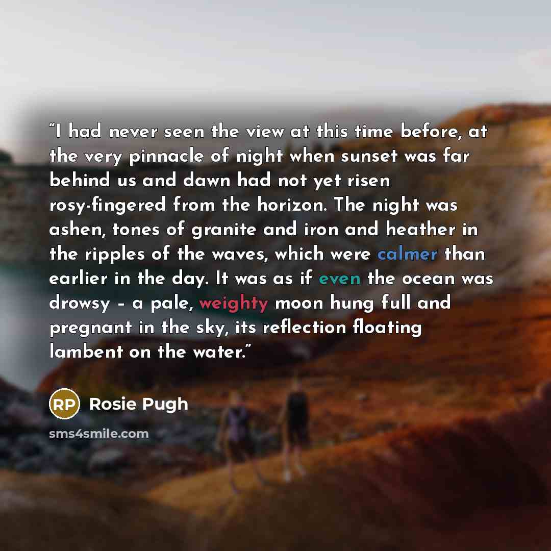“I had never seen the view at this time before, at the very pinnacle of night when sunset was far behind us and dawn had not yet risen rosy-fingered from the horizon. The night was ashen, tones of granite and iron and heather in the ripples of the waves, which were calmer than earlier in the day…” quote by Rosie Pugh