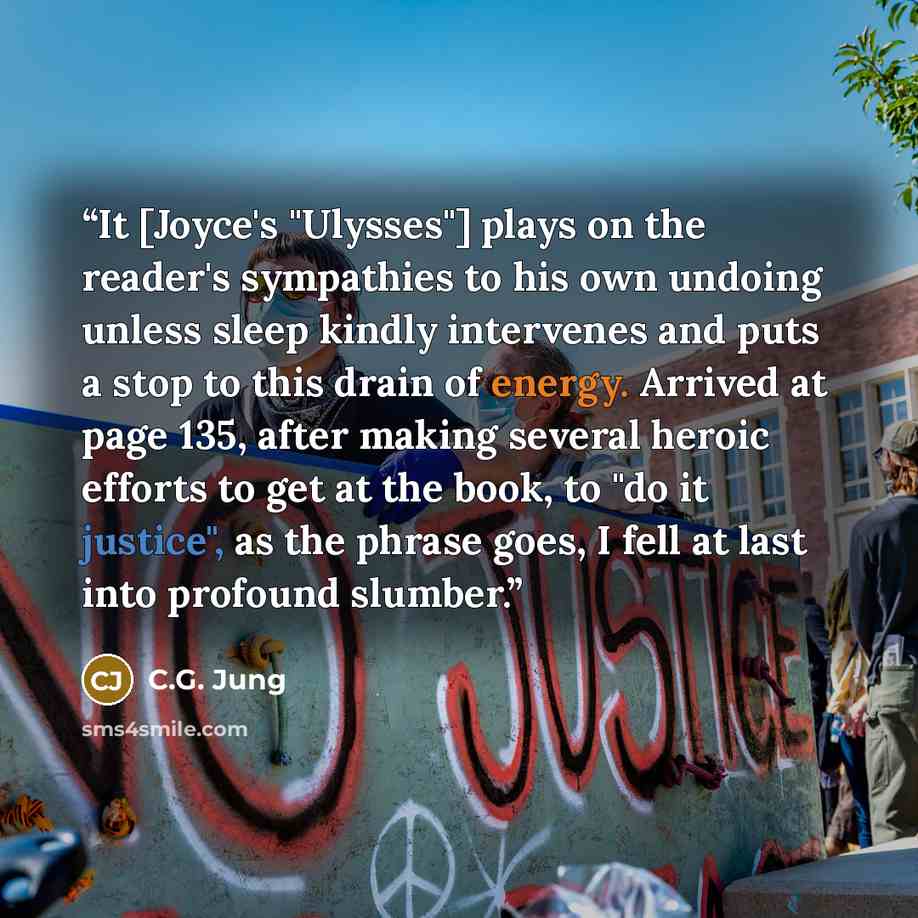 “It [Joyce's "Ulysses"] plays on the reader's sympathies to his own undoing unless sleep kindly intervenes and puts a stop to this drain of energy. Arrived at page 135, after making several heroic efforts to get at the book, to "do it justice", as the phrase goes, I fell at last into profound…” quote by C.G. Jung