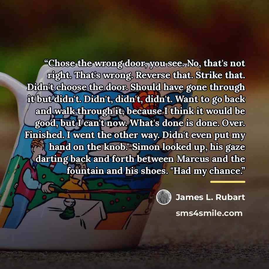 “Chose the wrong door, you see. No, that's not right. That's wrong. Reverse that. Strike that. Didn't choose the door. Should have gone through it but didn't. Didn't, didn't, didn't. Want to go back and walk through it, because I think it would be good, but I can't now. What's done is done. Over…” quote by James L. Rubart