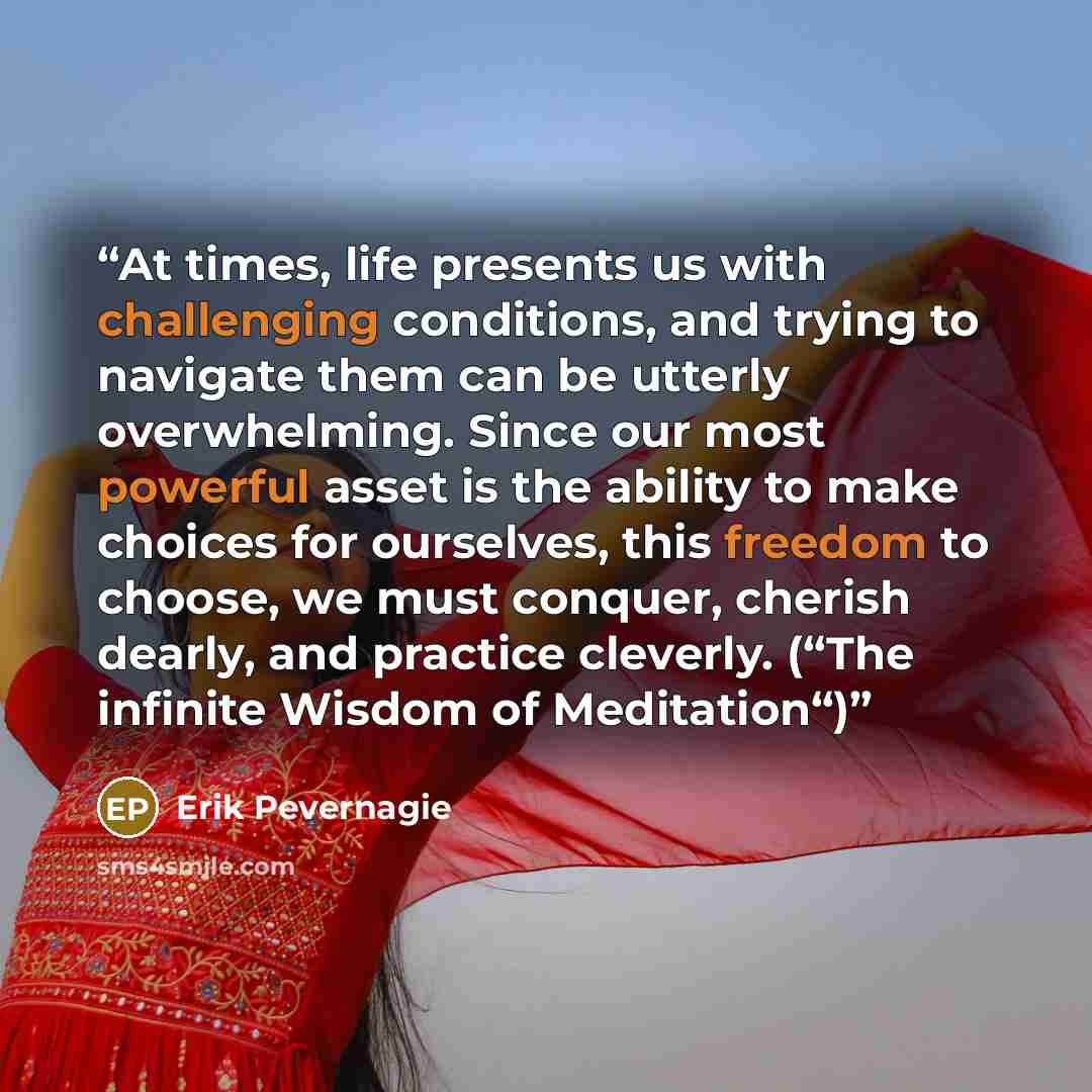 “At times, life presents us with challenging conditions, and trying to navigate them can be utterly overwhelming. Since our most powerful asset is the ability to make choices for ourselves, this freedom to choose, we must conquer, cherish dearly, and practice cleverly. (“The infinite Wisdom of…” quote by Erik Pevernagie