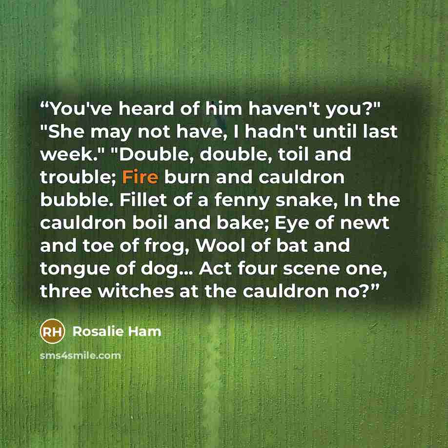 “You've heard of him haven't you?" "She may not have, I hadn't until last week." "Double, double, toil and trouble; Fire burn and cauldron bubble. Fillet of a fenny snake, In the cauldron boil and bake; Eye of newt and toe of frog, Wool of bat and tongue of dog... Act four scene one, three witches…” quote by Rosalie Ham