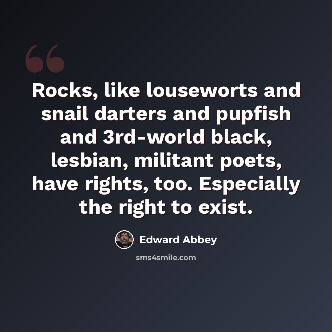“Rocks, like louseworts and snail darters and pupfish and 3rd-world black, lesbian, militant poets, have rights, too. Especially the right to exist.” quote by Edward Abbey