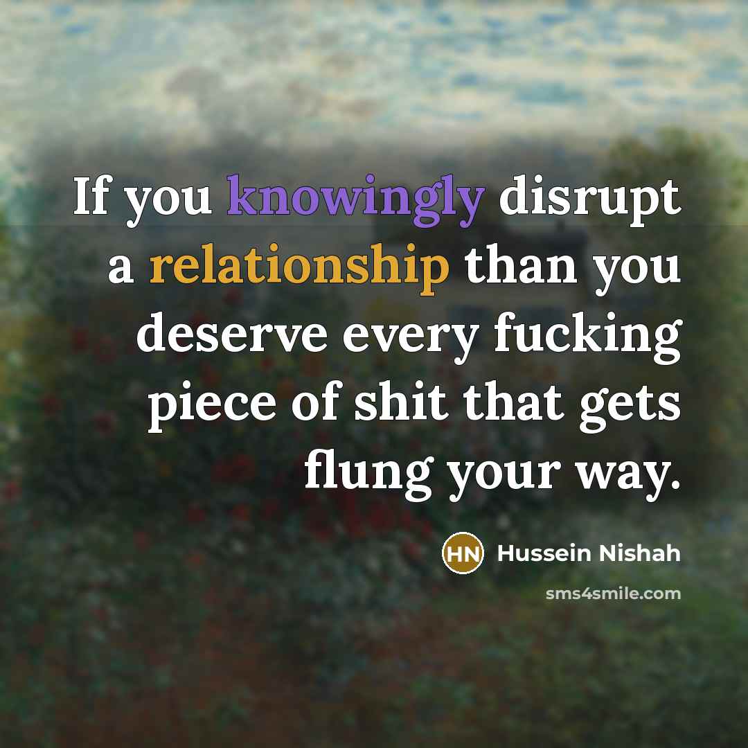 “If you knowingly disrupt a relationship than you deserve every fucking piece of shit that gets flung your way.” quote by Hussein Nishah