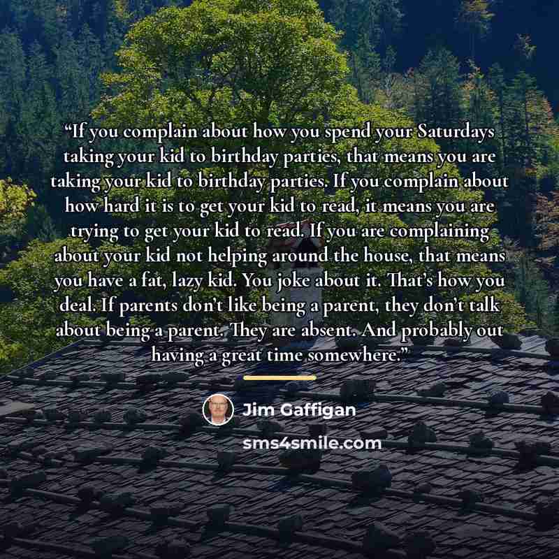 “If you complain about how you spend your Saturdays taking your kid to birthday parties, that means you are taking your kid to birthday parties. If you complain about how hard it is to get your kid to read, it means you are trying to get your kid to read. If you are complaining about your kid not…” quote by Jim Gaffigan