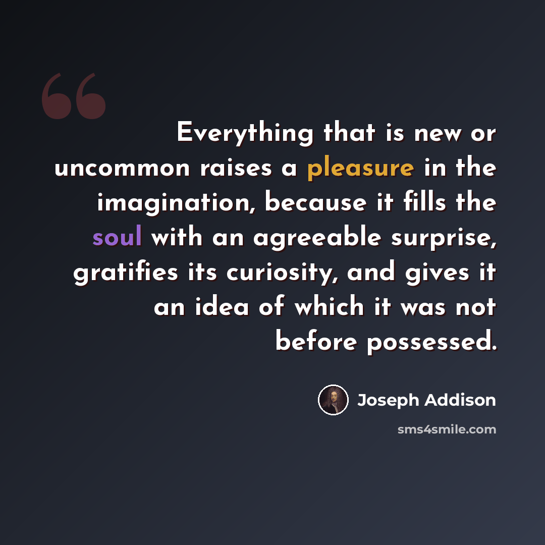 “Everything that is new or uncommon raises a pleasure in the imagination, because it fills the soul with an agreeable surprise, gratifies its curiosity, and gives it an idea of which it was not before possessed.” quote by Joseph Addison