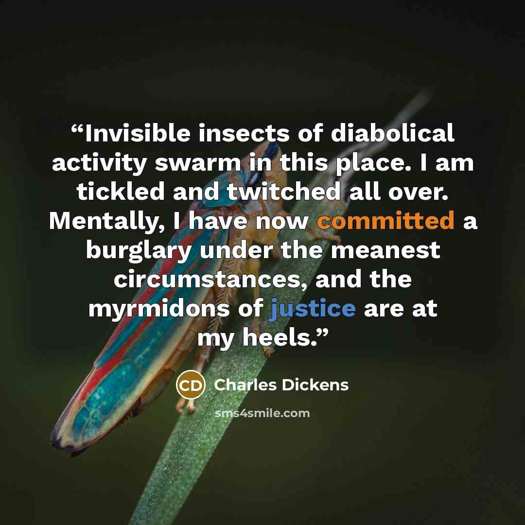 “Invisible insects of diabolical activity swarm in this place. I am tickled and twitched all over. Mentally, I have now committed a burglary under the meanest circumstances, and the myrmidons of justice are at my heels.” quote by Charles Dickens