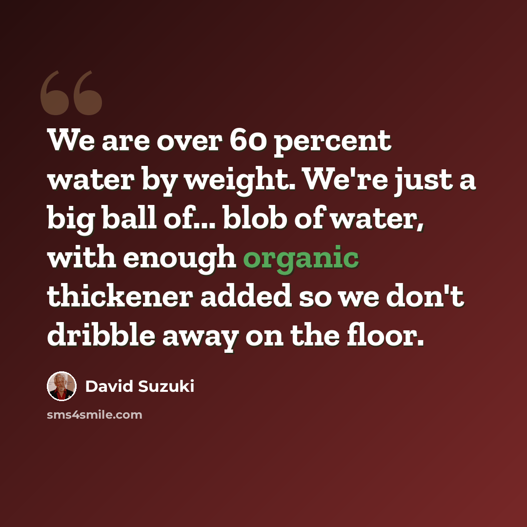 “We are over 60 percent water by weight. We're just a big ball of... blob of water, with enough organic thickener added so we don't dribble away on the floor.” quote by David Suzuki