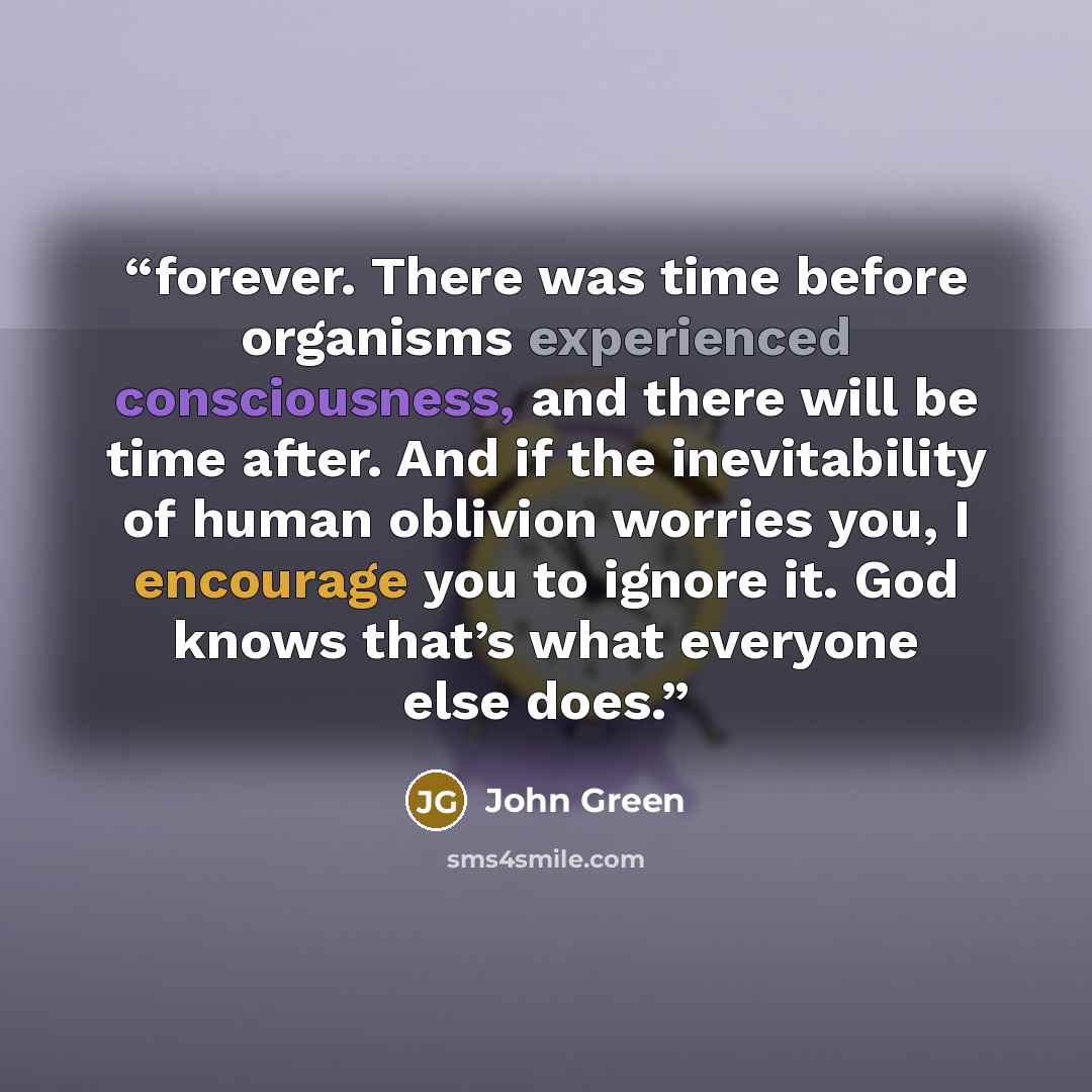 “forever. There was time before organisms experienced consciousness, and there will be time after. And if the inevitability of human oblivion worries you, I encourage you to ignore it. God knows that’s what everyone else does.” quote by John Green