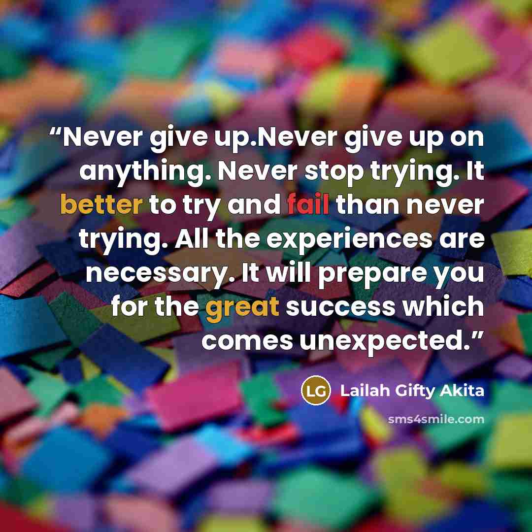 “Never give up.Never give up on anything. Never stop trying. It better to try and fail than never trying. All the experiences are necessary. It will prepare you for the great success which comes unexpected.” quote by Lailah Gifty Akita