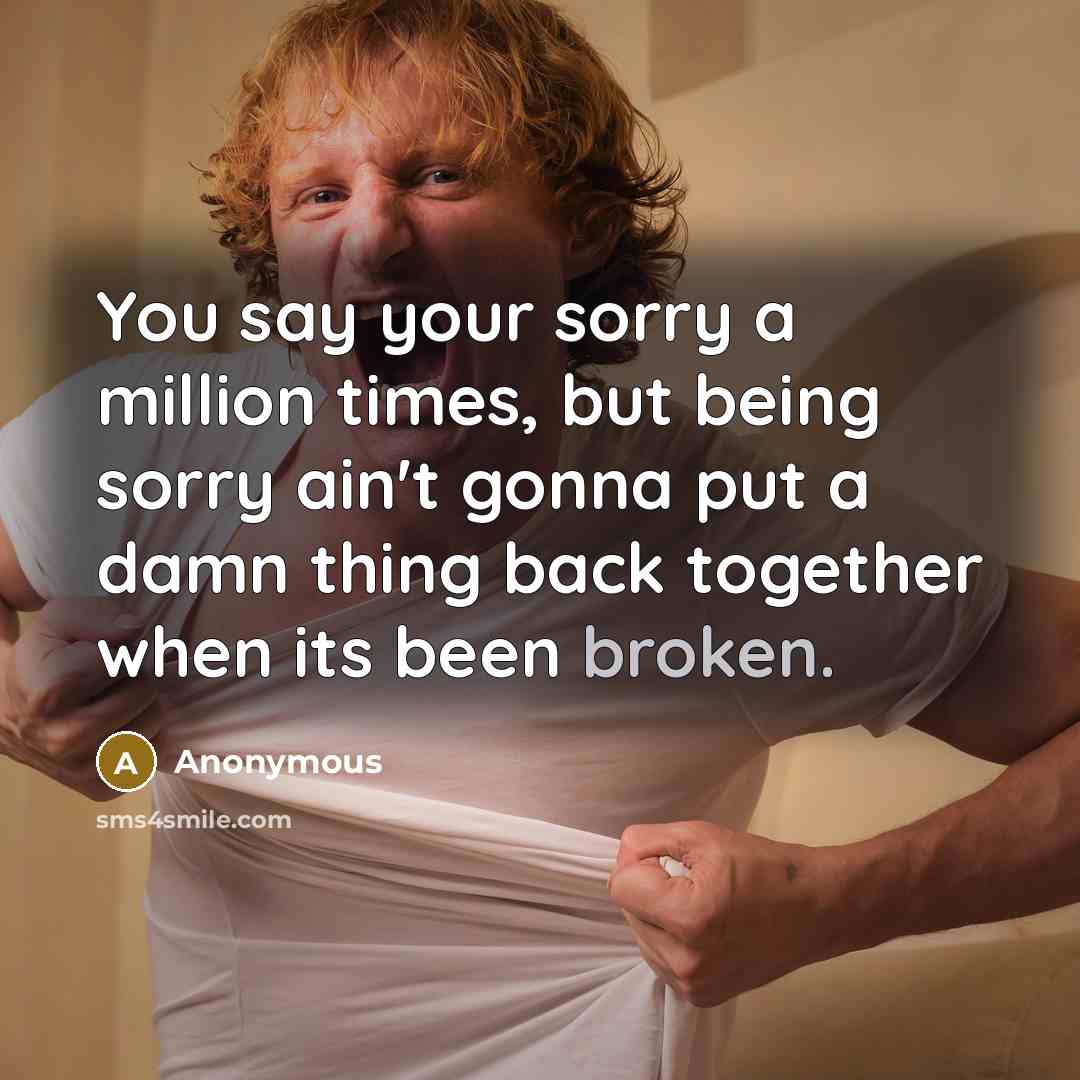“You say your sorry a million times, but being sorry ain't gonna put a damn thing back together when its been broken.” quote by Anonymous