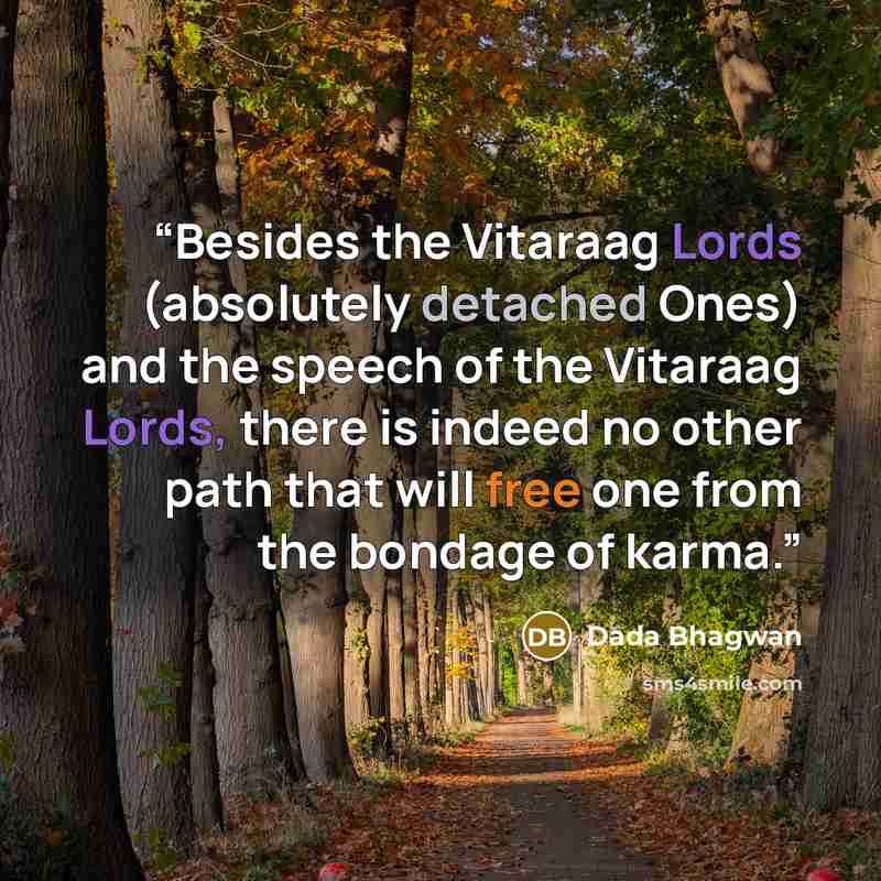 “Besides the Vitaraag Lords (absolutely detached Ones) and the speech of the Vitaraag Lords, there is indeed no other path that will free one from the bondage of karma.” quote by Dada Bhagwan