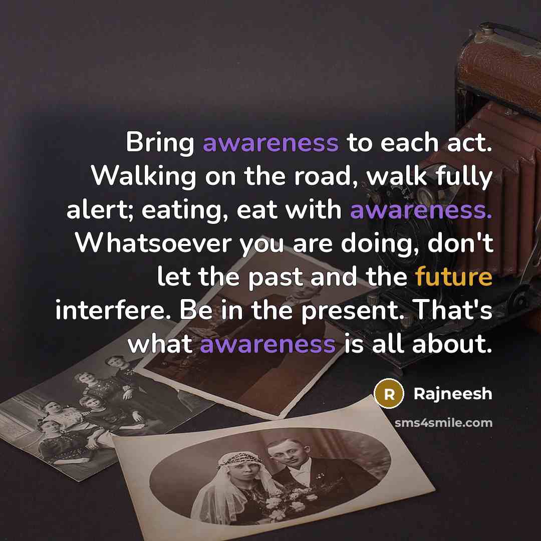 “Bring awareness to each act. Walking on the road, walk fully alert; eating, eat with awareness. Whatsoever you are doing, don't let the past and the future interfere. Be in the present. That's what awareness is all about.” quote by Rajneesh