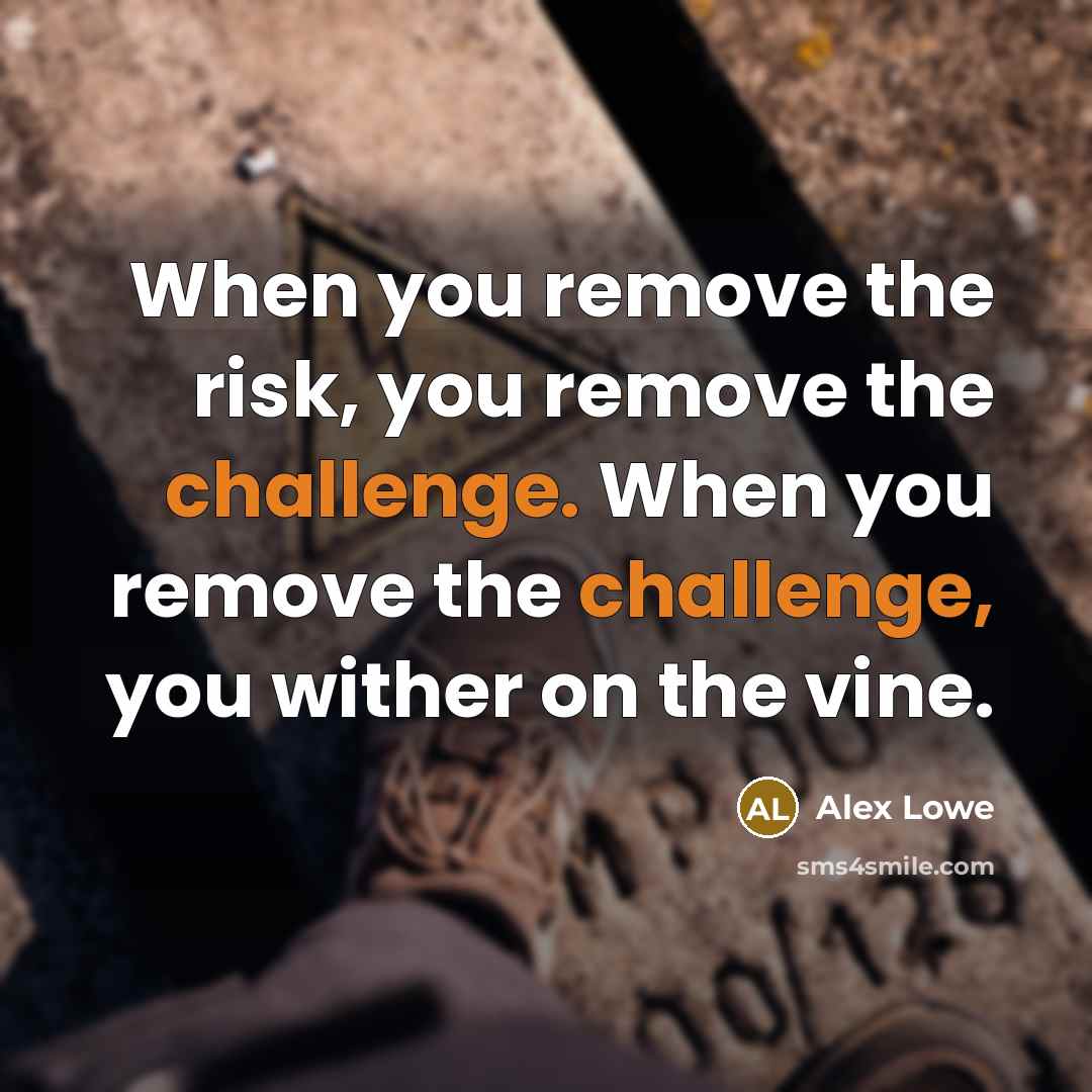“When you remove the risk, you remove the challenge. When you remove the challenge, you wither on the vine.” quote by Alex Lowe