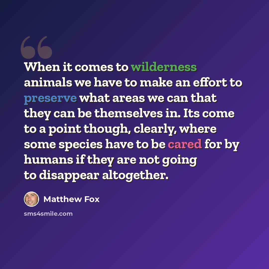“When it comes to wilderness animals we have to make an effort to preserve what areas we can that they can be themselves in. Its come to a point though, clearly, where some species have to be cared for by humans if they are not going to disappear altogether.” quote by Matthew Fox