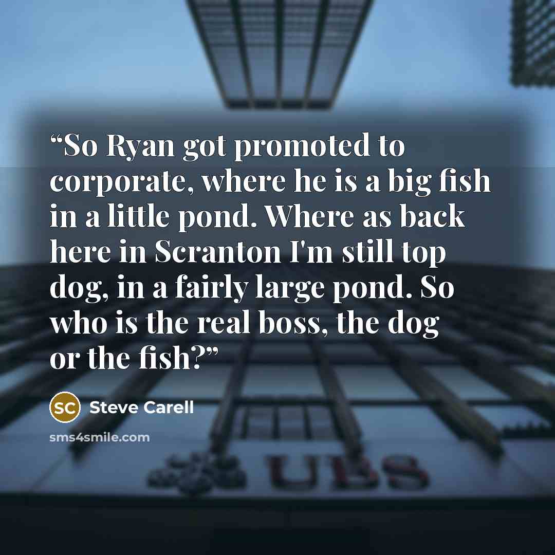 “So Ryan got promoted to corporate, where he is a big fish in a little pond. Where as back here in Scranton I'm still top dog, in a fairly large pond. So who is the real boss, the dog or the fish?” quote by Steve Carell