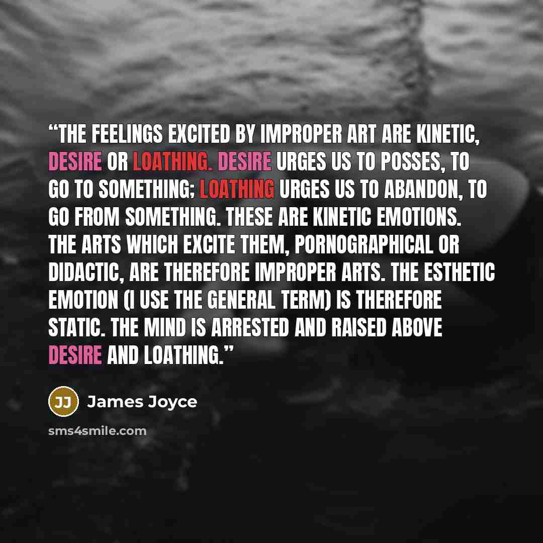 “The feelings excited by improper art are kinetic, desire or loathing. Desire urges us to posses, to go to something; loathing urges us to abandon, to go from something. These are kinetic emotions. The arts which excite them, pornographical or didactic, are therefore improper arts. The esthetic…” quote by James Joyce