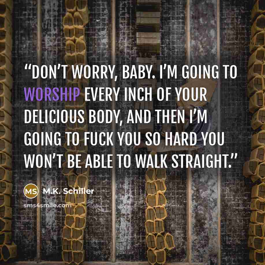 “Don’t worry, baby. I’m going to worship every inch of your delicious body, and then I’m going to fuck you so hard you won’t be able to walk straight.” quote by M.K. Schiller