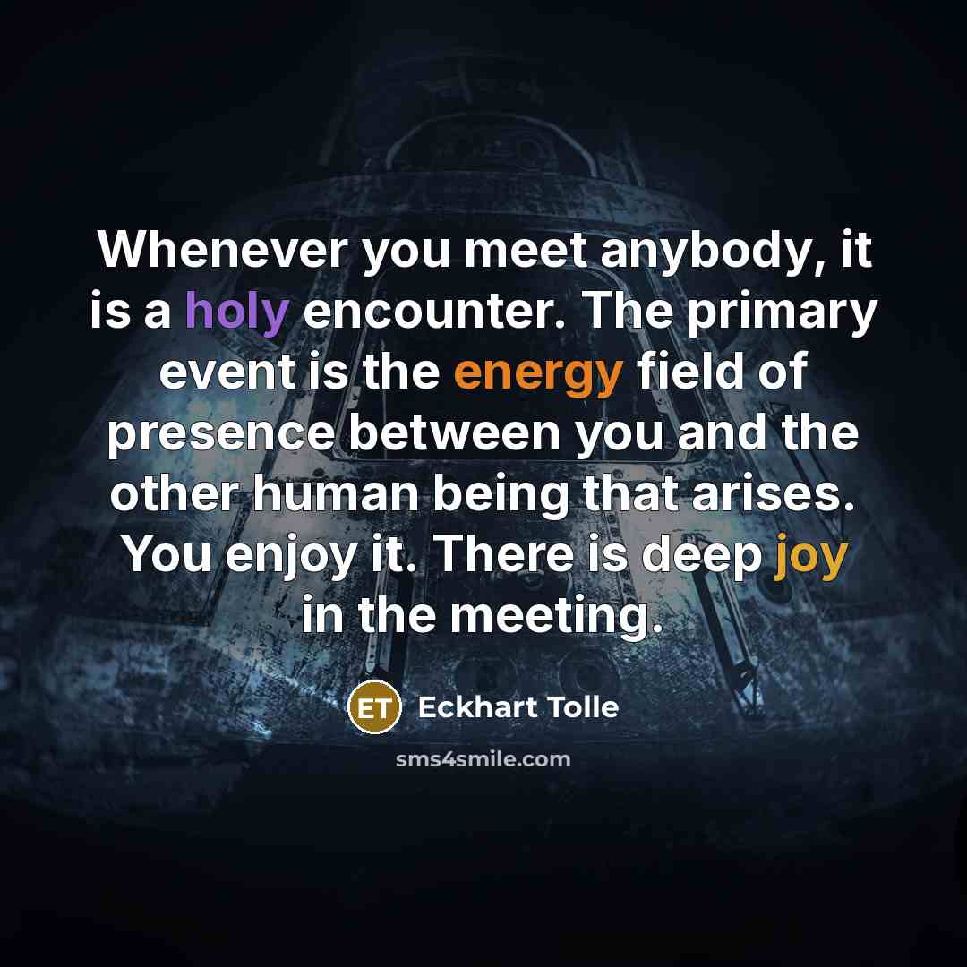 “Whenever you meet anybody, it is a holy encounter. The primary event is the energy field of presence between you and the other human being that arises. You enjoy it. There is deep joy in the meeting.” quote by Eckhart Tolle