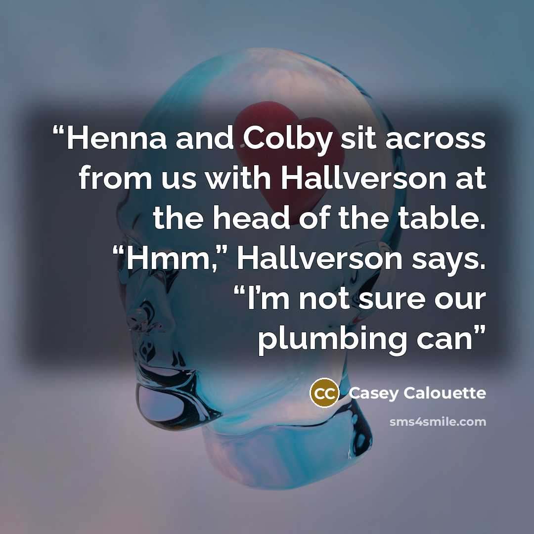 “Henna and Colby sit across from us with Hallverson at the head of the table. “Hmm,” Hallverson says. “I’m not sure our plumbing can” quote by Casey Calouette
