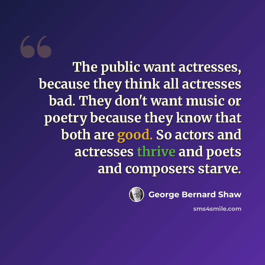 “The public want actresses, because they think all actresses bad. They don't want music or poetry because they know that both are good. So actors and actresses thrive and poets and composers starve.” quote by George Bernard Shaw