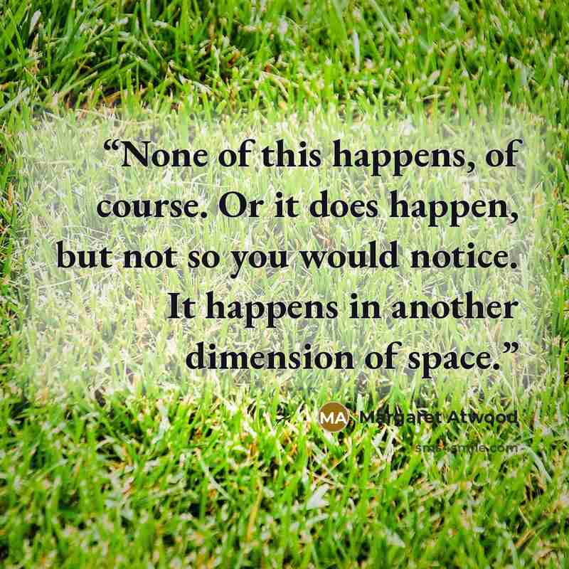 “None of this happens, of course. Or it does happen, but not so you would notice. It happens in another dimension of space.” quote by Margaret Atwood